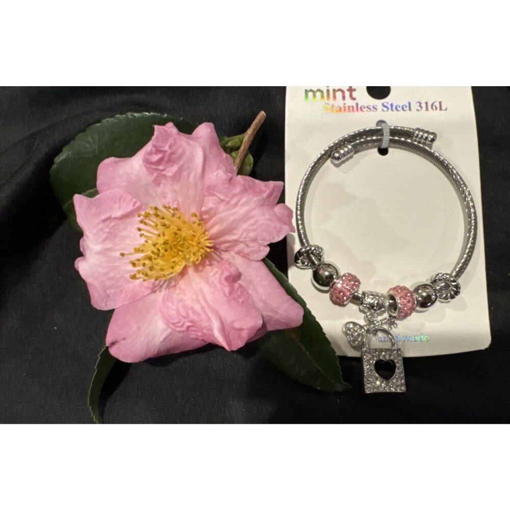 Mint Stainless Steel Heart PadLock Crystals Charm Silvertone Bangle Bracelet NEW - Picture 4 of 7